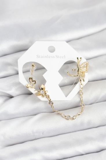 Kelebekli Model Hkursat Pirinç Gold Renk Zincir Bağlantılı Ear Cuff Küpe Seti