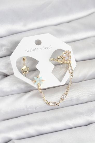 Yıldız Model Hkursat Pirinç Gold Renk Zincir Bağlantılı Ear Cuff Küpe Seti