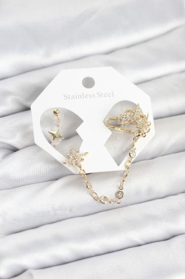 Kutup Yıldızı Model Pirinç Gold Renk Zincir Bağlantılı Ear Cuff Küpe Seti