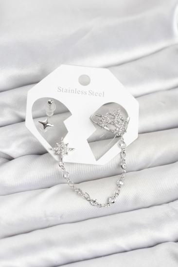 Kutup Yıldızı Model Pirinç Gümüş Renk Zincir Bağlantılı Ear Cuff Küpe Seti