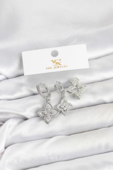 Hkursat Pirinç Gümüş Renk Yonca Model YSX Trio Küpe Seti