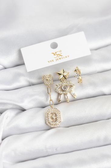 Hkursat Pirinç Gold Renk Göz ve Kutup Yıldızı Model YSX Trio Küpe Seti