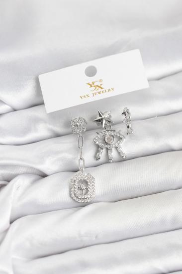 Hkursat Pirinç Gümüş Renk Göz ve Kutup Yıldızı Model YSX Trio Küpe Seti