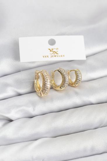 Hkursat Pirinç Gold Renk Zirkon Taşlı Halka Model YSX Trio Küpe Seti