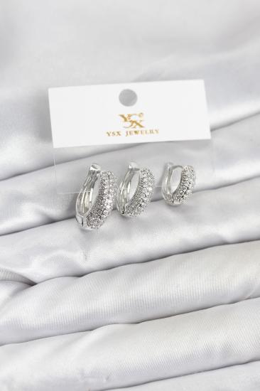 Hkursat Pirinç Gümüş Renk Zirkon Taşlı Halka Model YSX Trio Küpe Seti