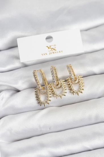 Hkursat Pirinç Gold Renk Zirkon Taşlı Vintage Model YSX Trio Küpe Seti