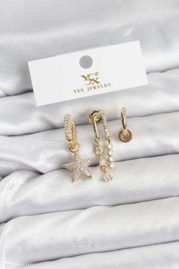 Hkursat Pirinç Gold Renk Zirkon Taşlı Yıldız Vintage Model YSX Trio Küpe Seti