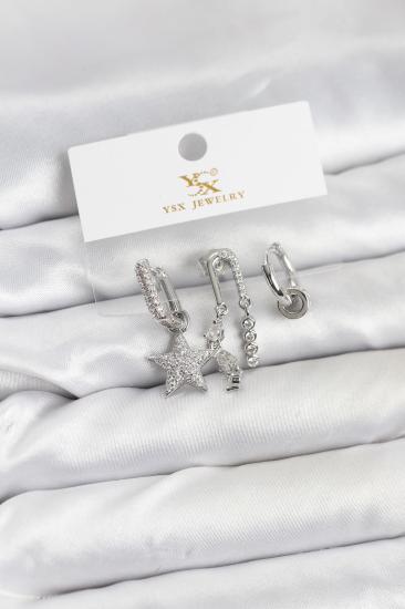 Hkursat Pirinç Gümüş Renk Zirkon Taşlı Yıldız Vintage Model YSX Trio Küpe Seti