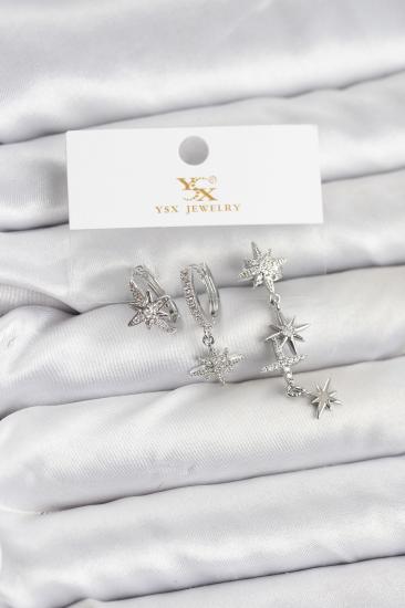 Hkursat Pirinç Gümüş Renk Zirkon Taşlı Kutup Yıldızı Model YSX Trio Küpe Seti