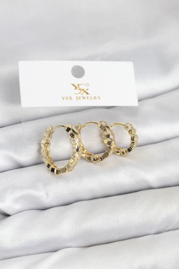 Hkursat Pirinç Gold Renk Zirkon Taşlı Petek Halka Model YSX Trio Küpe Seti