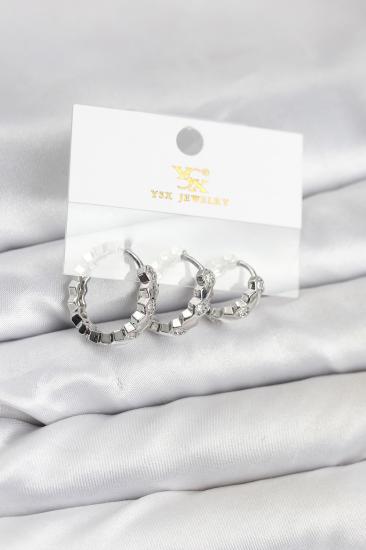 Hkursat Pirinç Gümüş Renk Zirkon Taşlı Petek Halka Model YSX Trio Küpe Seti