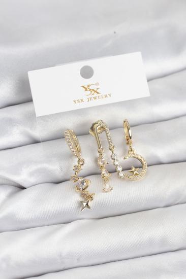 Hkursat Pirinç Gold Renk Zirkon Taşlı Uzay Model YSX Trio Küpe Seti