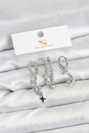 Hkursat Pirinç Gümüş Renk Zirkon Taşlı Uzay Model YSX Trio Küpe Seti