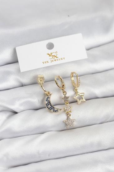 Hkursat Pirinç Gold Renk Zirkon Taşlı Ay ve Yıldız Model YSX Trio Küpe Seti
