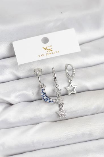 Hkursat Pirinç Gümüş Renk Zirkon Taşlı Ay ve Yıldız Model YSX Trio Küpe Seti