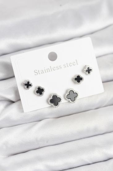 Hkursat 316L Çelik Gümüş Renk Zirkon Taşlı Yonca Model Kadın Küpe Seti