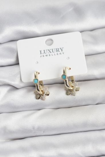 Mavi Taş Detaylı Hkursat Pirinç Gold Renk Kadın Göçmen Küpesi