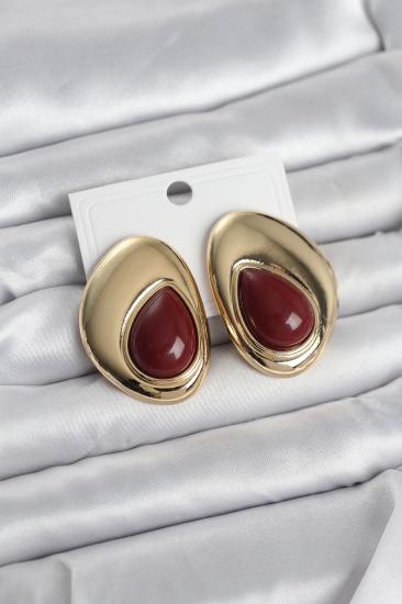 Hkursat Pirinç Gold Renk Bordo Taşlı Damla Model Vintage Kadın Küpe