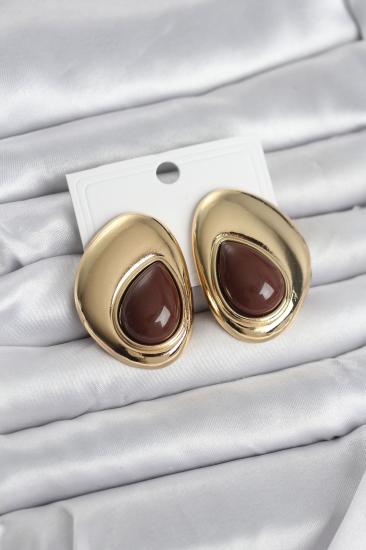 Hkursat Pirinç Gold Renk Kahverengi Taşlı Damla Model Vintage Kadın Küpe