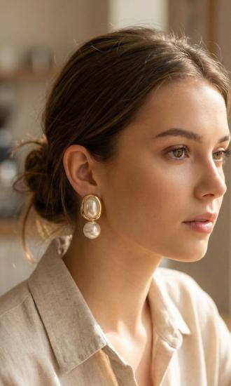 Hkursat Pirinç Gold Renk Model İncili Kadın Küpe