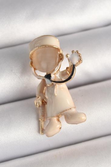 Hkursat Pirinç Gold Renk Beyaz Mineli Doktor Model Kadın Broş