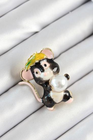 İnci Detaylı Siyah Ve Pembe 3D Sevimli Fare Figürlü Gold Renk Kadın Broş
