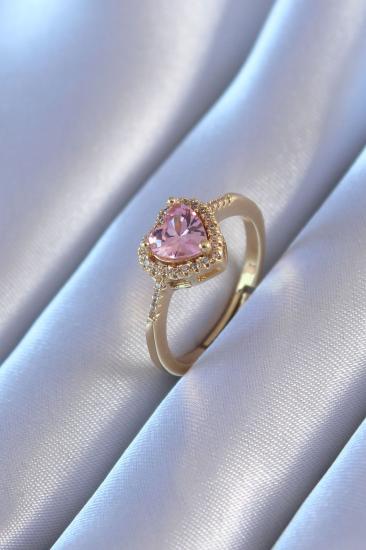 Gold Renk Zirkon Taşlı Kalp Model Pirinç Charm Kadın Yüzük