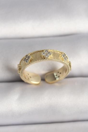 Hkursat Pirinç Gold Renk Zirkon Taşlı Yonca İşlemeli Ayarlanabilir Yüzük