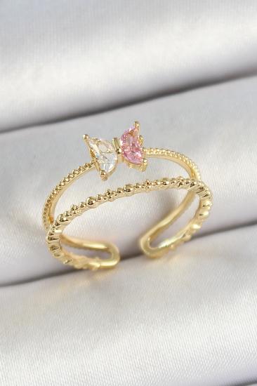 Hkursat Pirinç Kelebek Figürlü Zirkon Taşlı Gold Renk Ayarlanabilir Kadın Yüzük