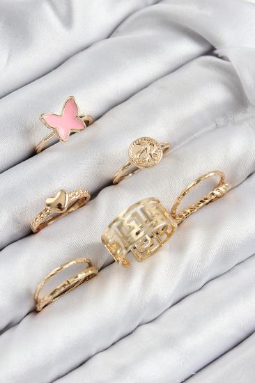 Hkursat Pirinç Kelebek Ve Kalp Model Gold Renk Kadın Yüzük Kombin Set