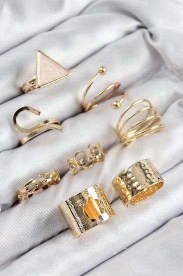 Hkursat Pirinç Üçgen Model Gold Renk Kadın Yüzük Kombin Set