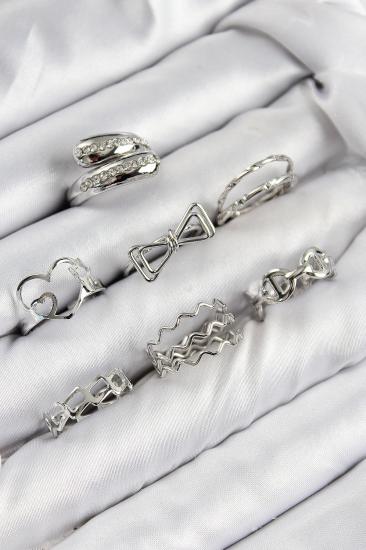 Hkursat Pirinç Zirkon Taşlı Fiyonk Ve Kalp Model Gümüş Renk Kadın Yüzük Kombin Set