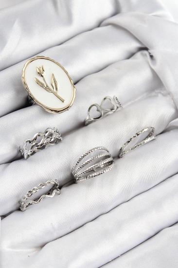 Hkursat Pirinç Zirkon Taşlı Lale Model Gümüş Renk Kadın Yüzük Kombin Set