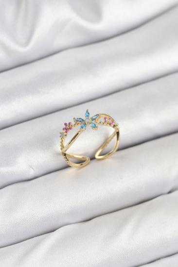 Hkursat Pirinç Gold Renk Zirkon Taşlı Mavi Çiçekli Kadın Yüzük