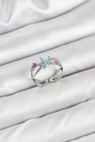 Hkursat Pirinç Gümüş Renk Zirkon Taşlı Mavi Çiçekli Kadın Yüzük