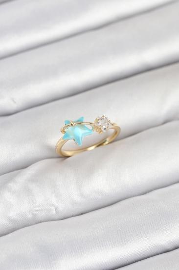 Hkursat Pirinç Gold Renk Mavi Yıldızlı Model Kadın Yüzük