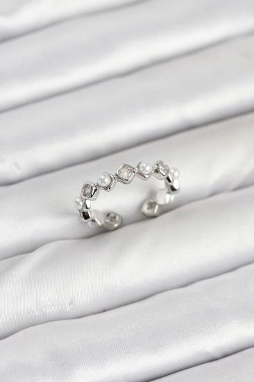 Hkursat Pirinç Gümüş Renk Zirkon Taşlı İncili Kadın Yüzük