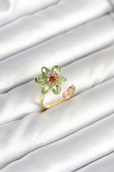 Çiçek Model Yeşil Hkursat Pirinç Gold Renk Yüzük