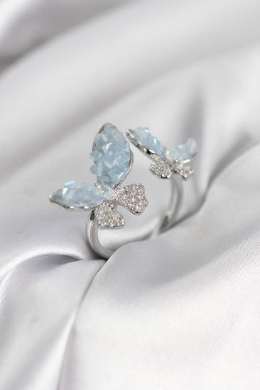 Gümüş Renk Mavi Kelebek Model Zirkon Taşlı Kadın Yüzük