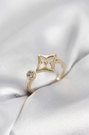 Gold Renk Köşeli Yonca Model Zirkon Taşlı Kadın Yüzük