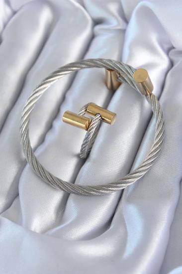 Hkursat 316L Çelik Gümüş Renk Gold Detay Sarmal Model Erkek Bileklik Yüzük Kombini