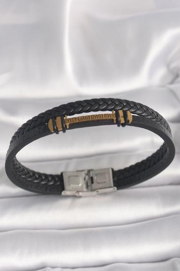 Hkursat 316L Çelik Gold Renk ZikZak İşlemeli Aksesuarlı Çift Sıra Burgu Desenli Deri Kordon Erkek Bileklik