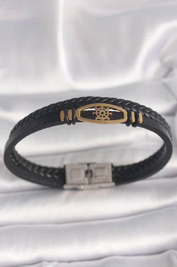 Hkursat 316L Çelik Gold Renk Gemi Dümen Figür Siyah Renk Çift Sıra Burgu Desenli Deri Kordon Erkek Bileklik