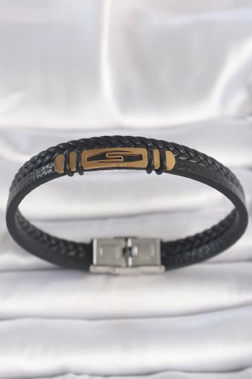 Hkursat 316L Çelik Gold Renk Aksesuarlı Çift Sıra Siyah Burgu Desenli Deri Kordon Erkek Bileklik