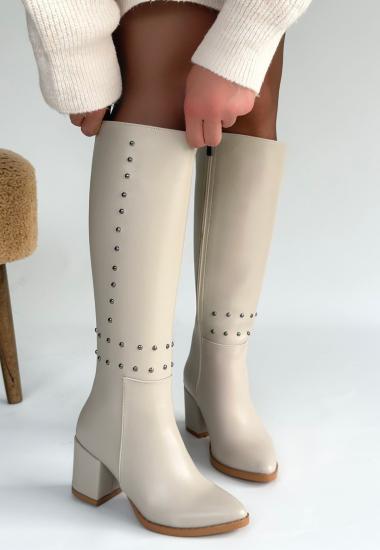 Bluefeet Bej Cilt Kadın Topuklu Çizme