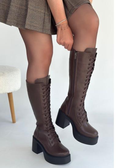 Bluefeet Kahverengi Cilt Bağcıklı Topuklu Çizme