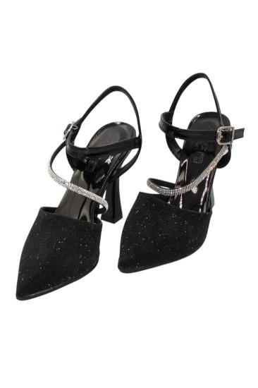 Hkursat Siyah Taşlı Simli Klasik Topuk Kadın Ayakkabı