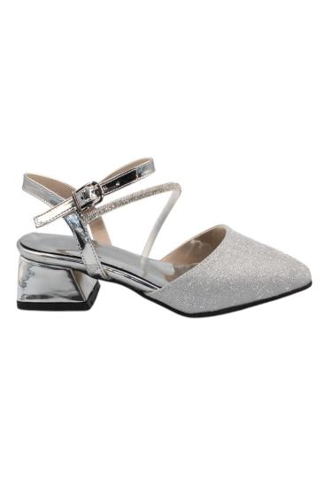 Hkursat Gümüş Taşlı Simli Kısa Topuk Kadın Ayakkabı