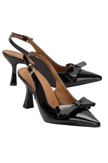 Hkursat Siyah Fiyonklu Rugan 8 Cm Kadın Topuklu Ayakkabı