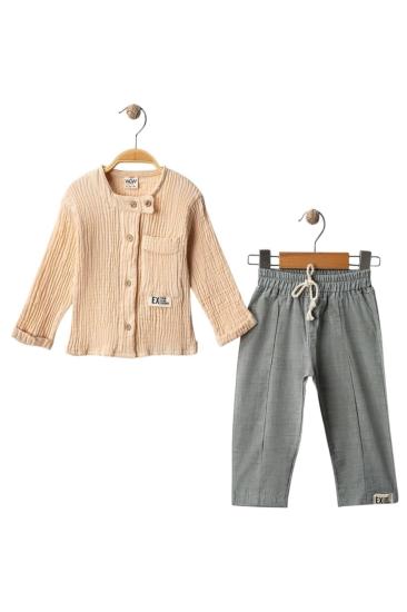 Hkursat Bej Müslin Gömlek Alt Dokuma Erkek Bebek Takım